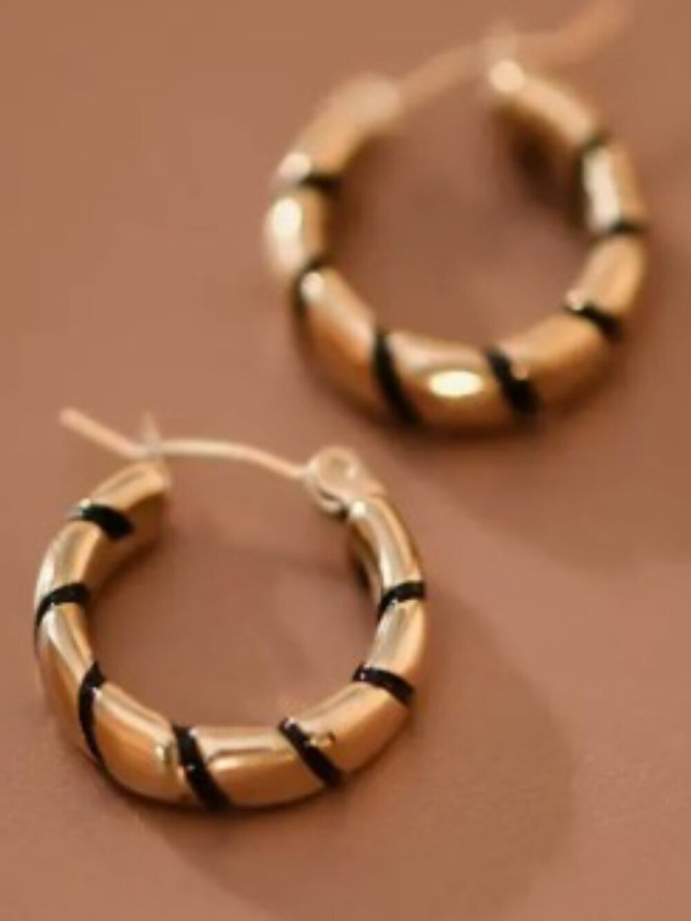 NWT 18K Gold Plated Stainless Steel Black Enamel Hoop Earrings.